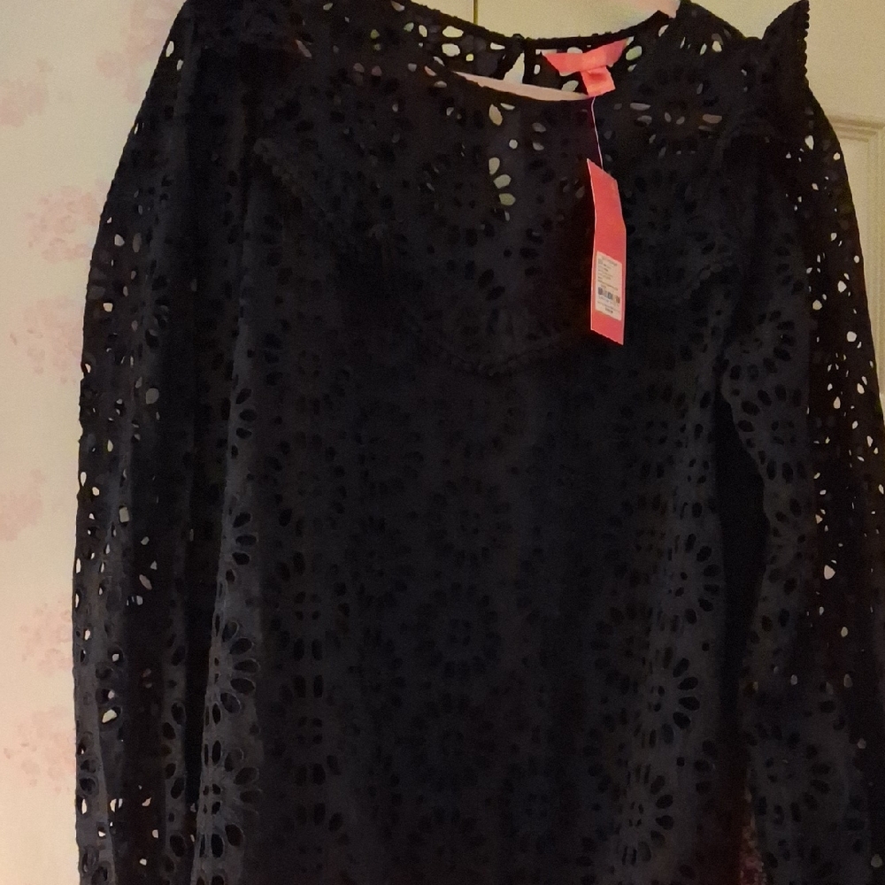Lilly Pulitzer Onyx Caroline Long Sleeve Oversized Pinwheel Eyelet Blouse NWT